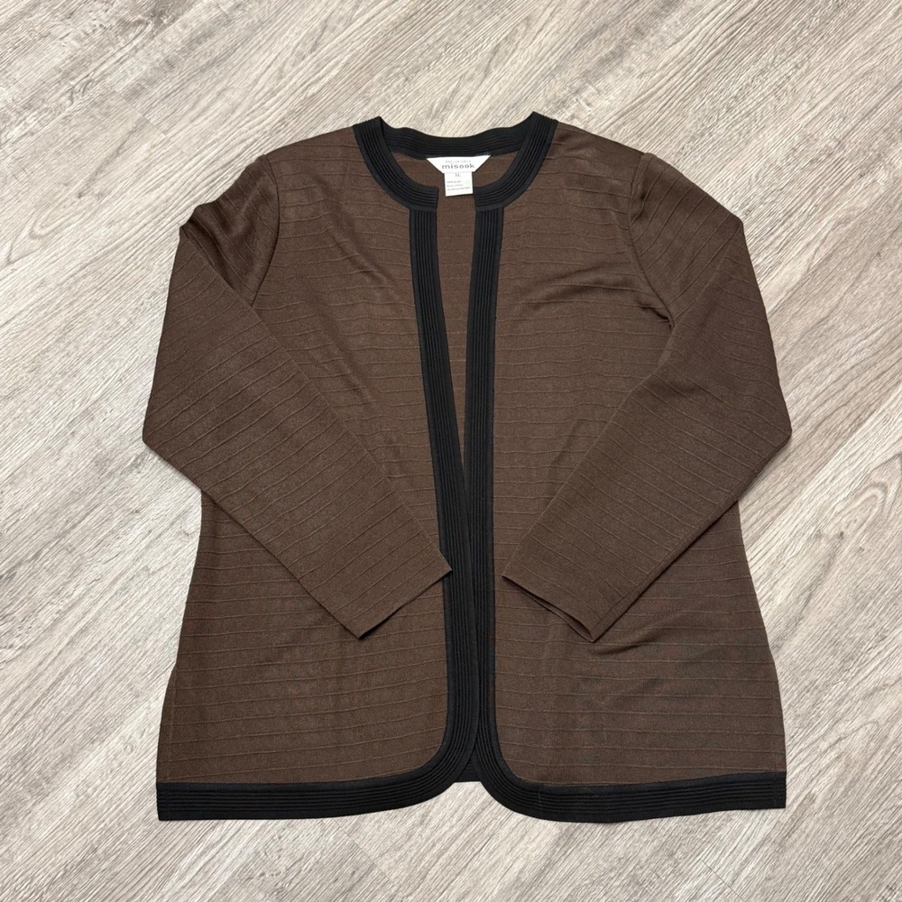 Misook Womens XL Brown‎ Black Knit Open Front Cardigan Jacket Textured Ribbed